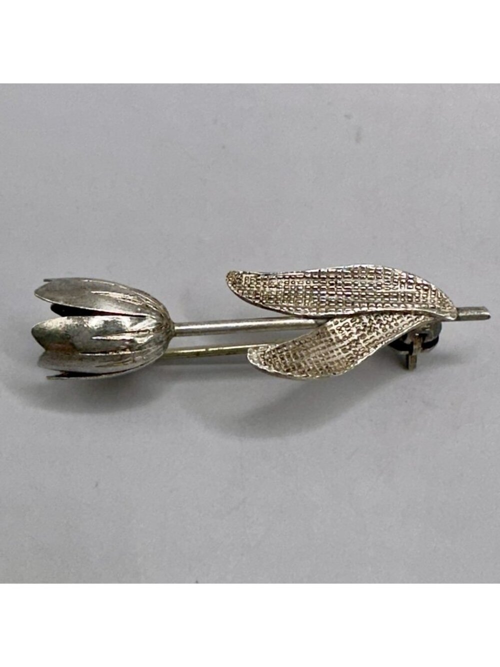 Tulip Simple Flower Textured Leaf Brooch Sterling Silver Tested Signed GB5